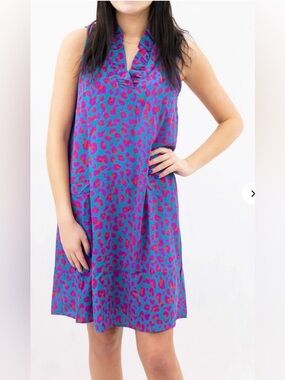 FSL APPAREL Teal And Purple Ruffle Collar Leopard Dress Size Medium
